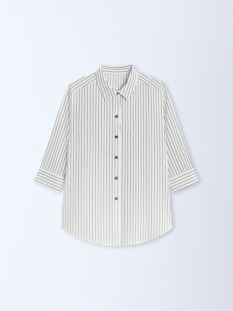 Westside Gia Women's White Stripe Shirt for Casual Wear Flatlay