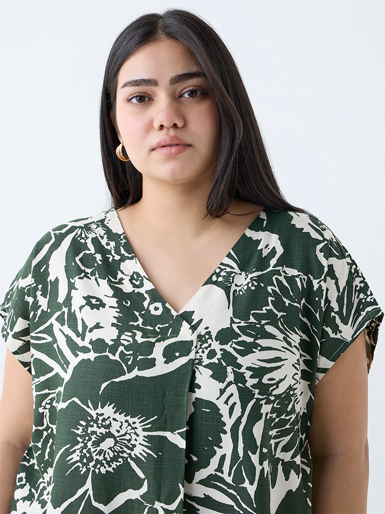 Westside Gia Women's Dark Green Botanical Pattern Top for Casual Wear Zoomed View