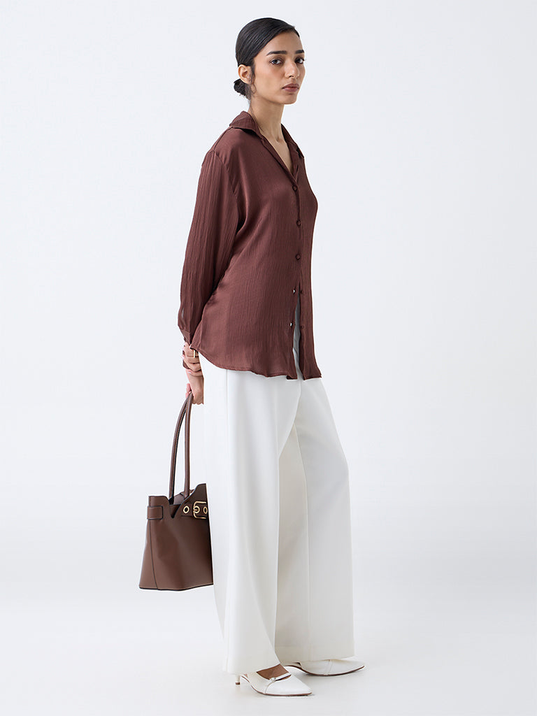 Westside Wardrobe Women's Dark Brown Satin Shirt for Work Wear Full View