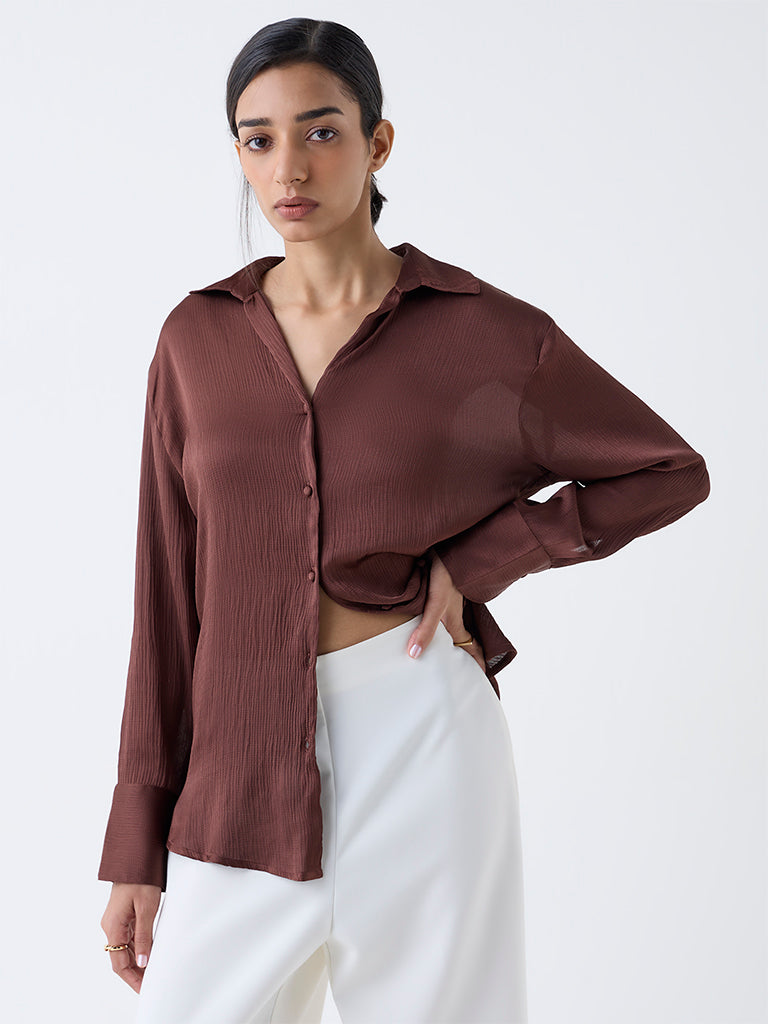 Westside Wardrobe Women's Dark Brown Satin Shirt for Work Wear Front view