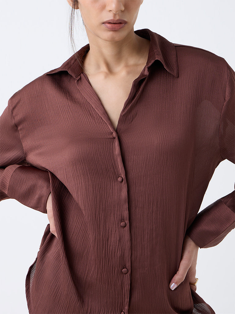 Westside Wardrobe Women's Dark Brown Satin Shirt for Work Wear Zoomed View