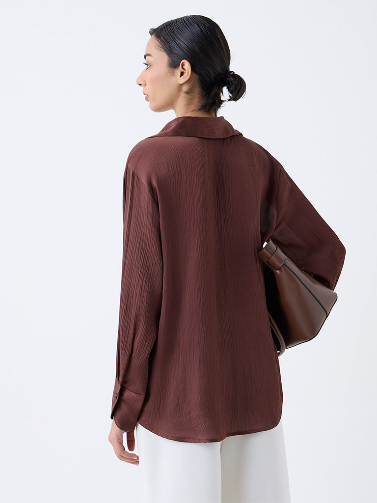 Westside Wardrobe Women's Dark Brown Satin Shirt for Work Wear Back View