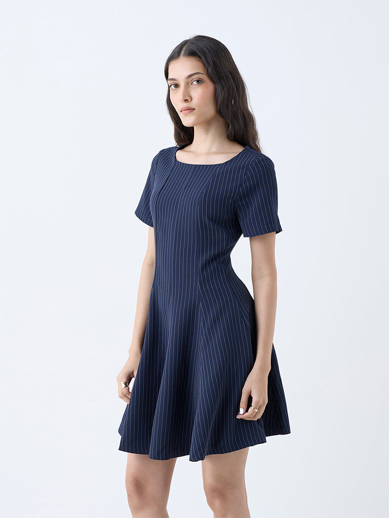 Wardrobe Navy Pinstriped Design A-Line Dress