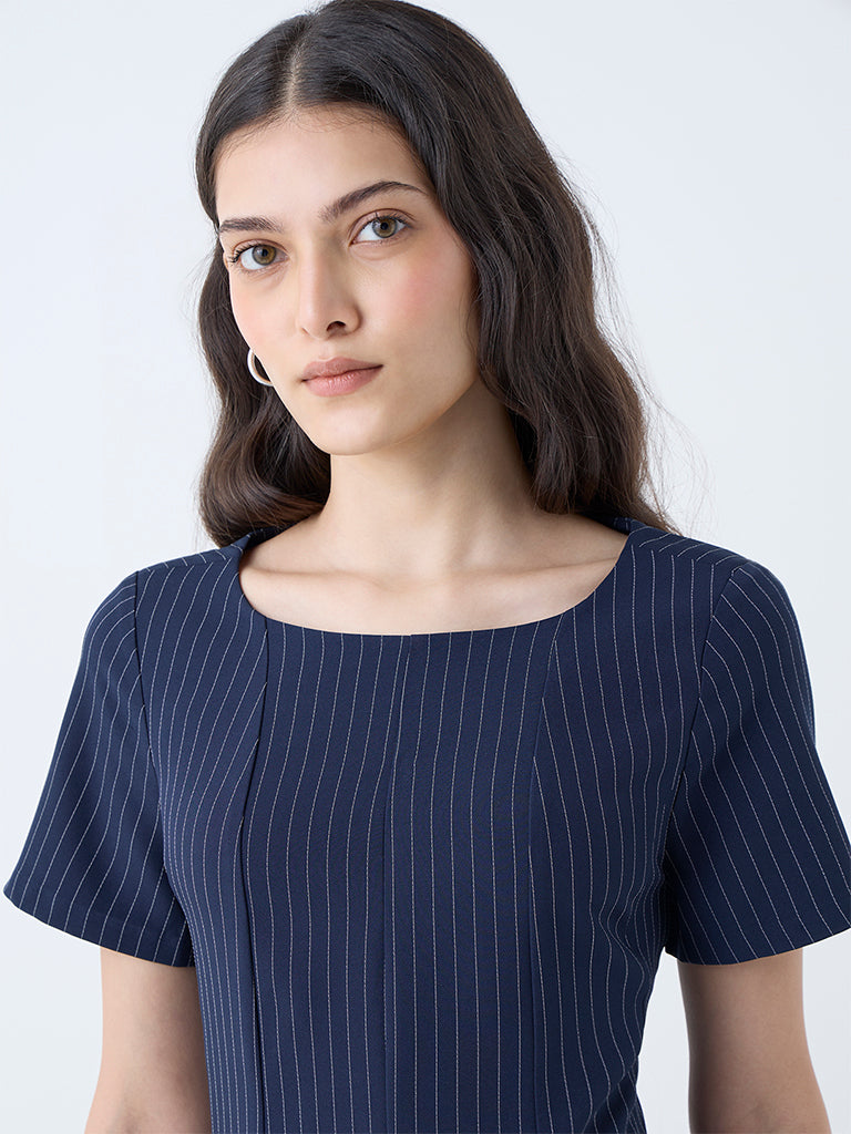 Wardrobe Navy Pinstriped Design A-Line Dress