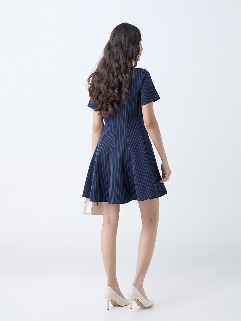 Wardrobe Navy Pinstriped Design A-Line Dress