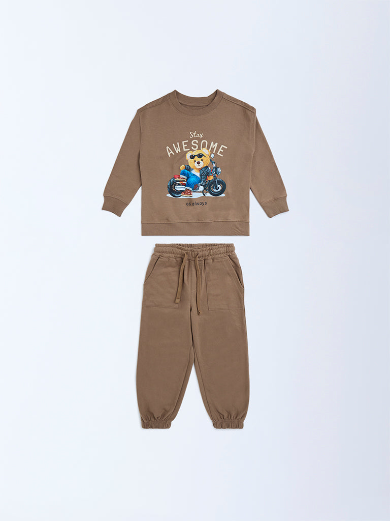 HOP Kids Brown Printed Cotton Sweatshirt and Joggers Set