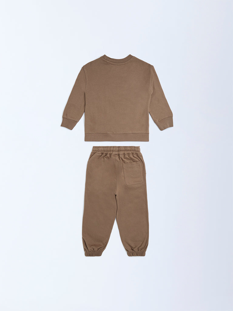 HOP Kids Brown Printed Cotton Sweatshirt and Joggers Set