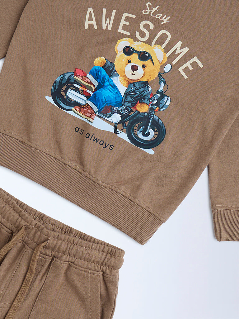 HOP Kids Brown Printed Cotton Sweatshirt and Joggers Set