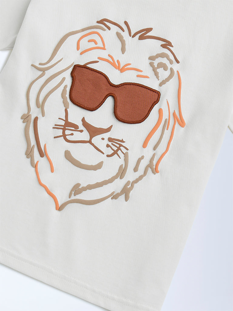HOP Kids Off-White Lion Design Cotton T-Shirt