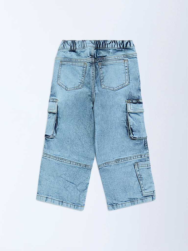 HOP Kids Blue Washed Relaxed-Fit Mid-Rise Cargo Jeans