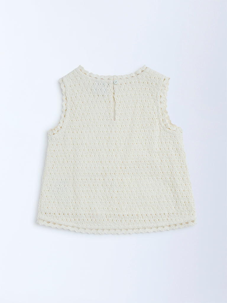 HOP Kids Off-White Floral Embroidered Cotton Top