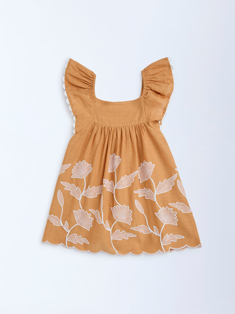 HOP Kids Orange Floral Embroidered Cotton Dress