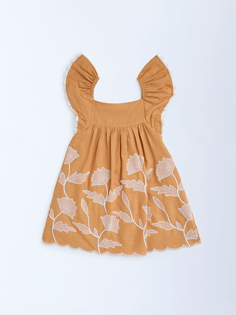 HOP Kids Orange Floral Embroidered Cotton Dress