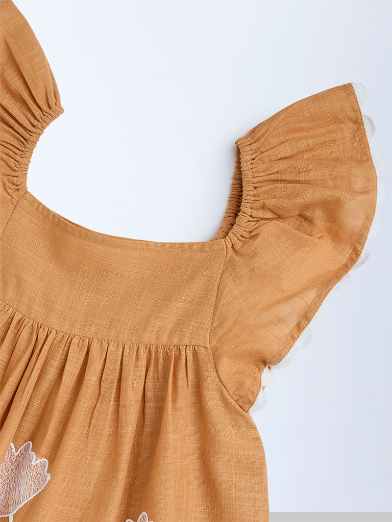 HOP Kids Orange Floral Embroidered Cotton Dress
