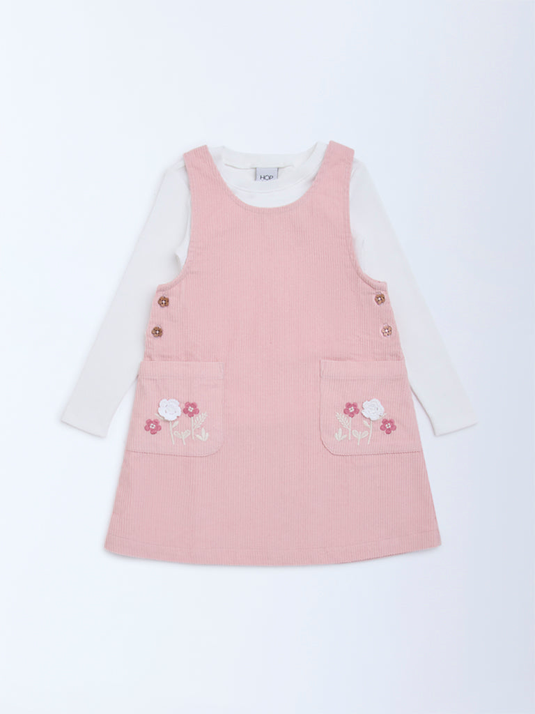 HOP Kids Pink Embroidered Cotton T-Shirt and Pinafore Set