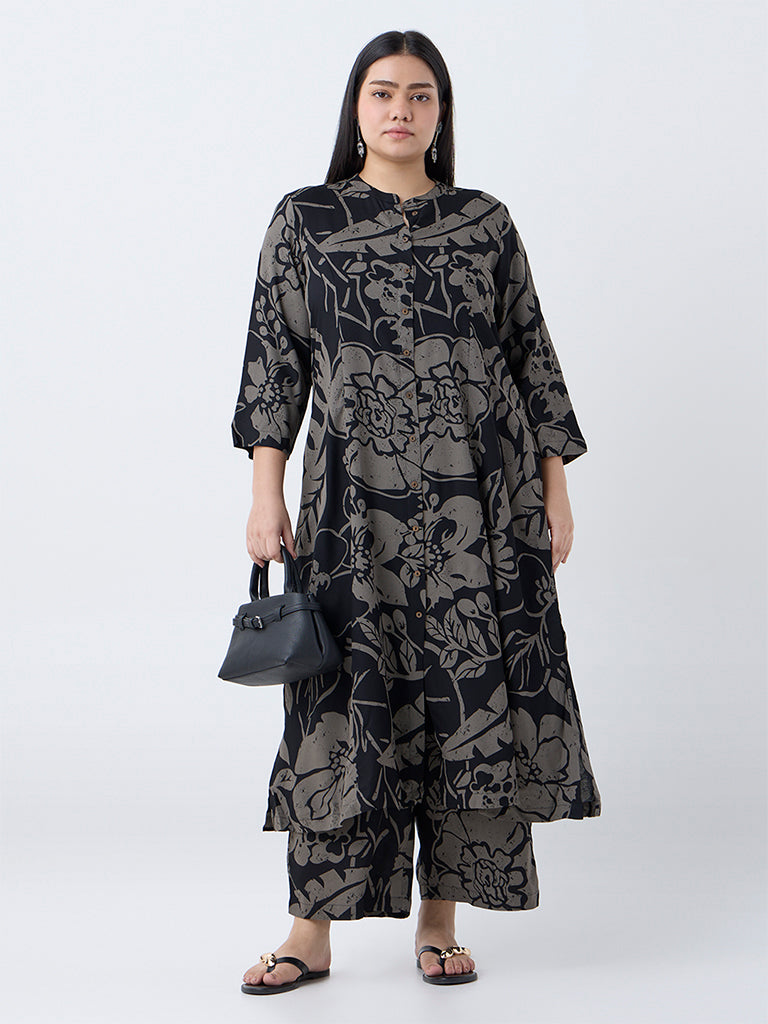 Diza Black Botanical-Printed A-Line Kurta