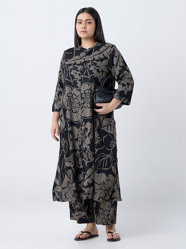 Diza Black Botanical-Printed A-Line Kurta