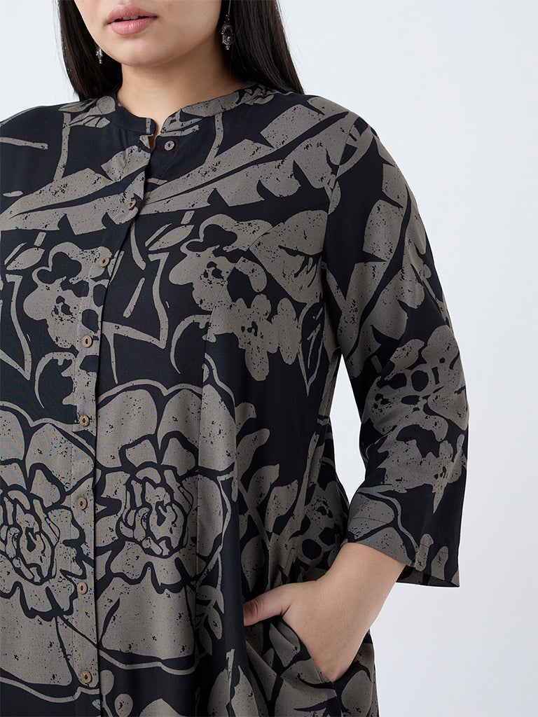 Diza Black Botanical-Printed A-Line Kurta