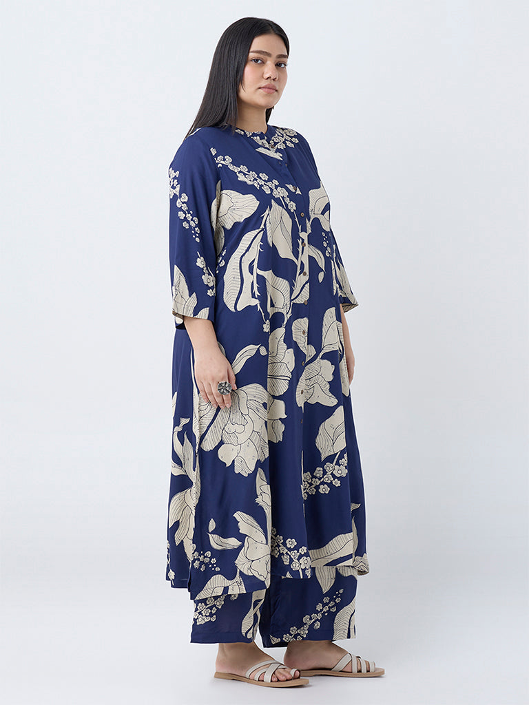Diza Indigo Floral Printed A-Line Kurta
