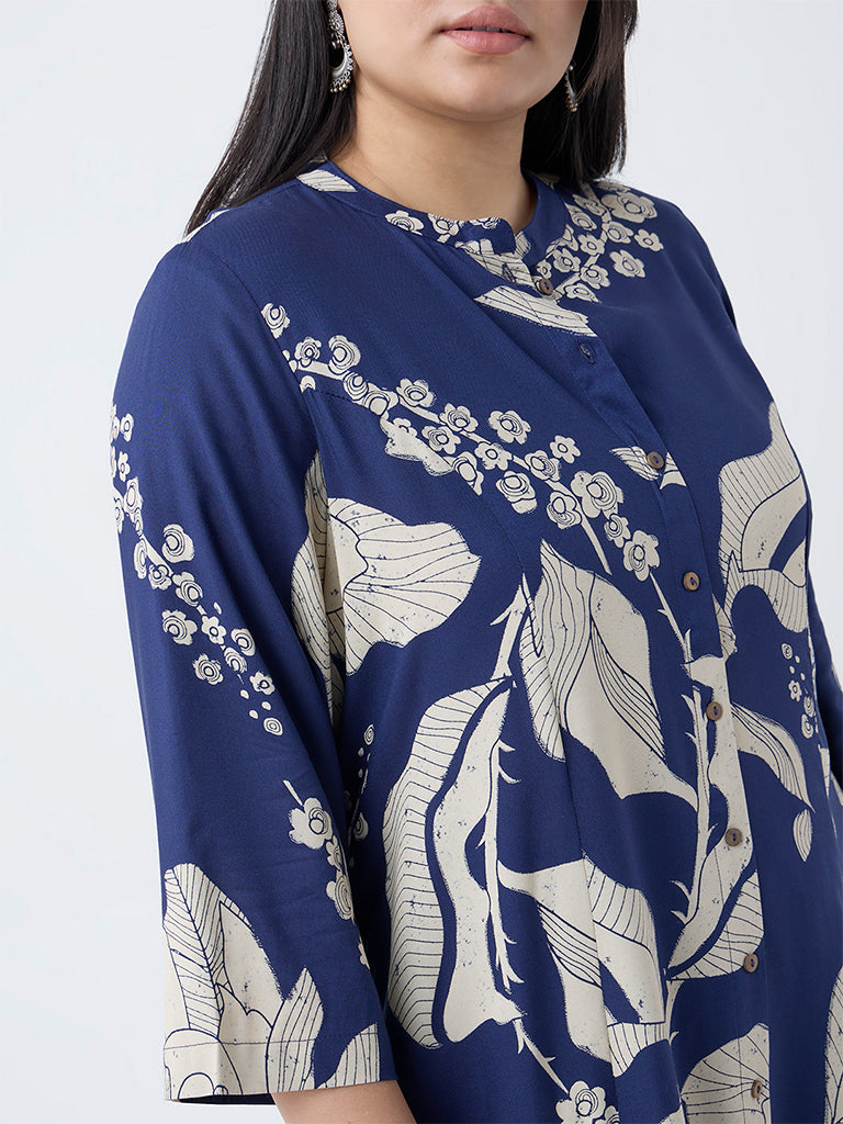 Diza Indigo Floral Printed A-Line Kurta
