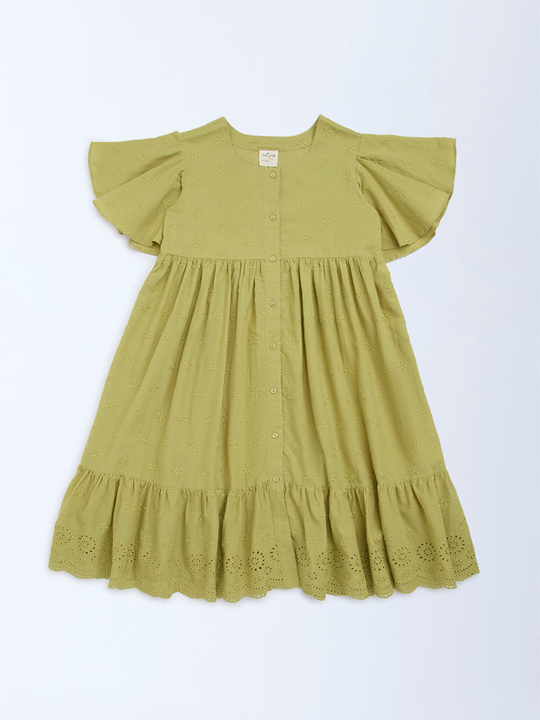 Utsa Kids Light Green Embroidered Cotton A-Line Dress - (8-14yrs)