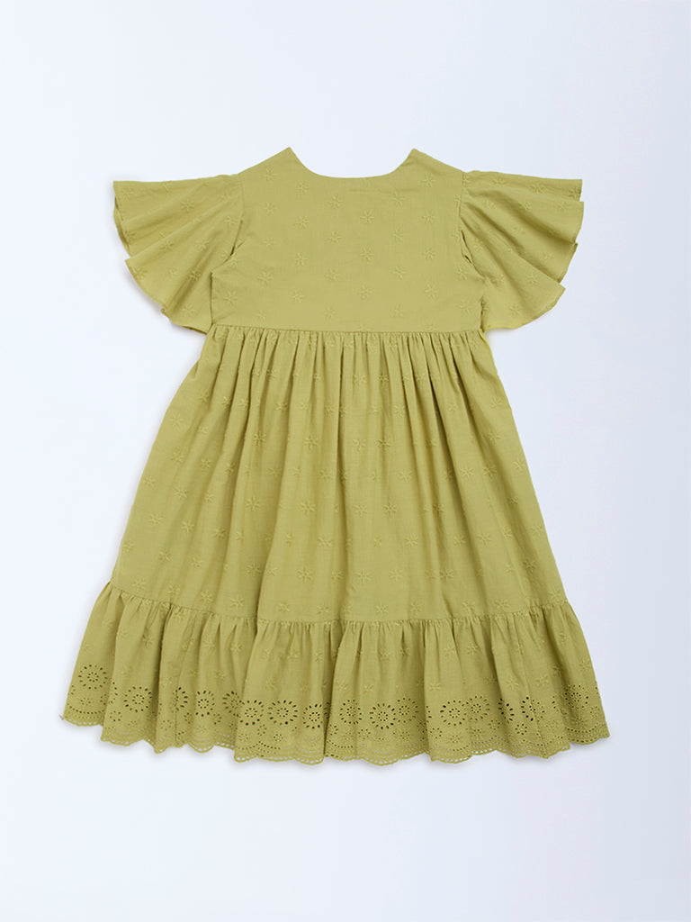 Utsa Kids Light Green Embroidered Cotton A-Line Dress - (8-14yrs)