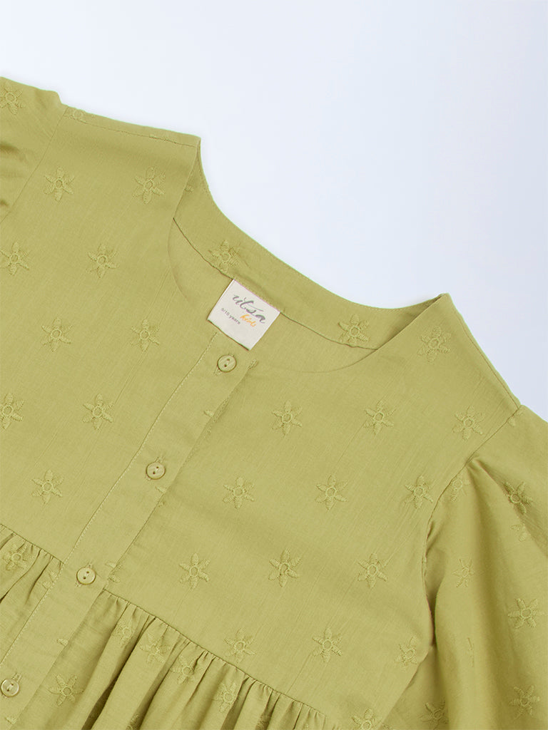 Utsa Kids Light Green Embroidered Cotton A-Line Dress - (8-14yrs)