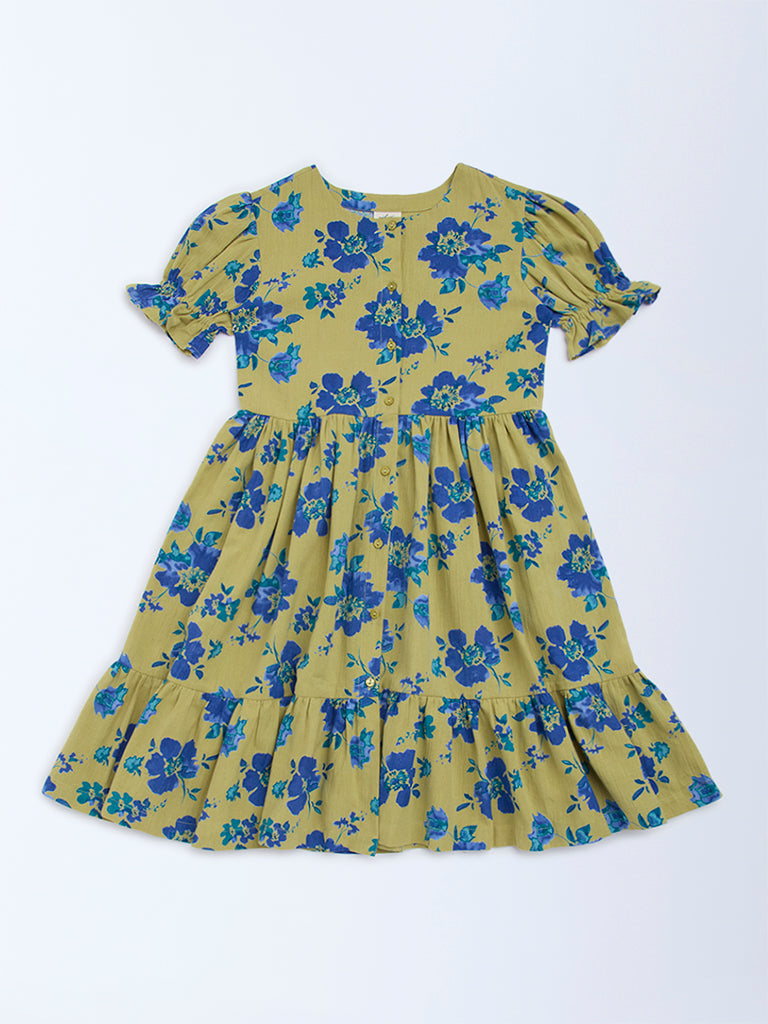 Utsa Kids Green Floral Printed Cotton A-Line Dress - (8-14yrs)