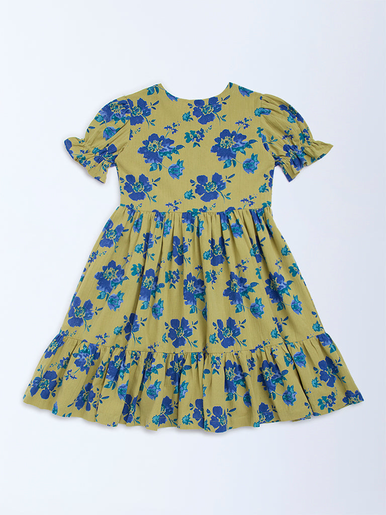 Utsa Kids Green Floral Printed Cotton A-Line Dress - (8-14yrs)