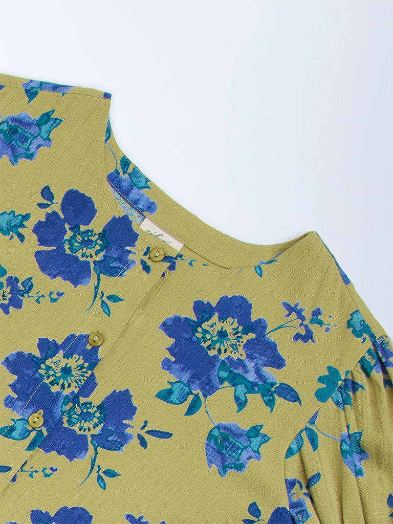 Utsa Kids Green Floral Printed Cotton A-Line Dress - (8-14yrs)