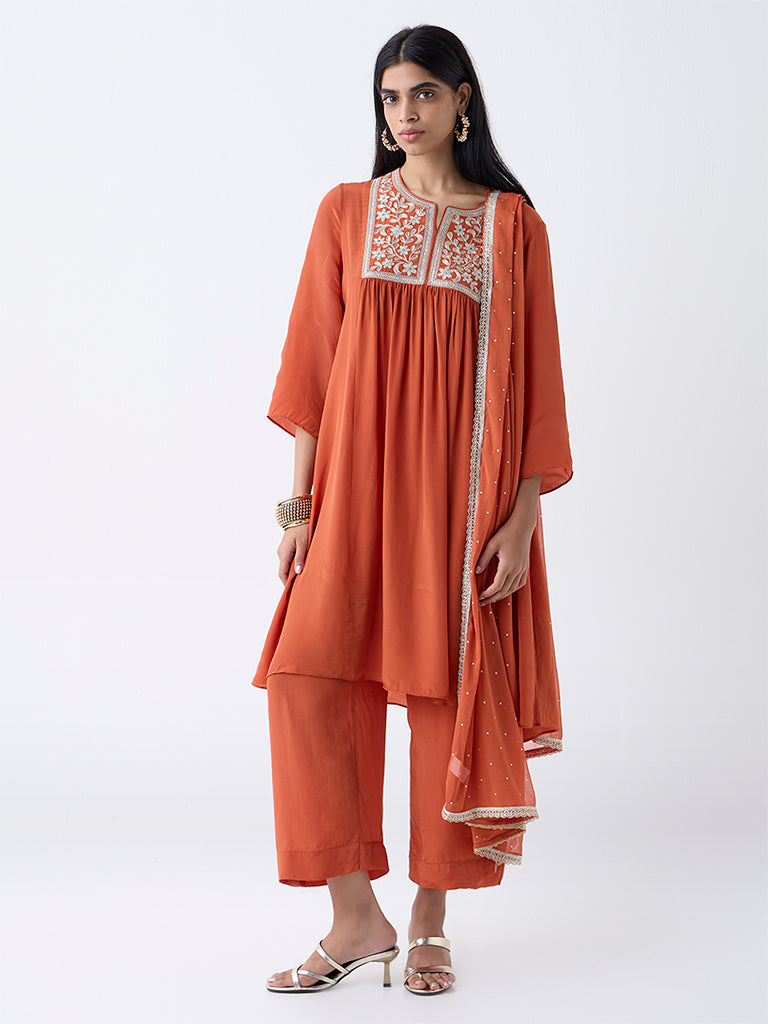 Vark Rust Floral Embroidered A-Line Ethnic Set