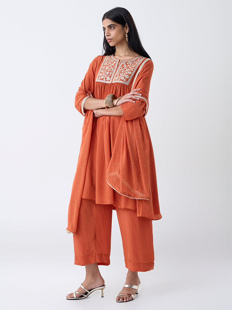 Vark Rust Floral Embroidered A-Line Ethnic Set