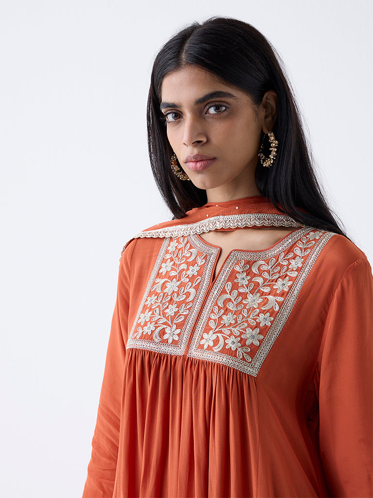 Vark Rust Floral Embroidered A-Line Ethnic Set
