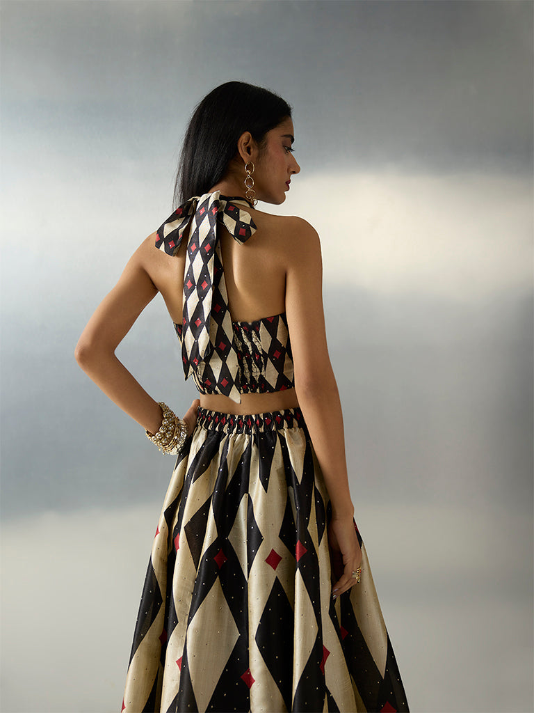 Vark Black Geometric Design Halter Neck Top