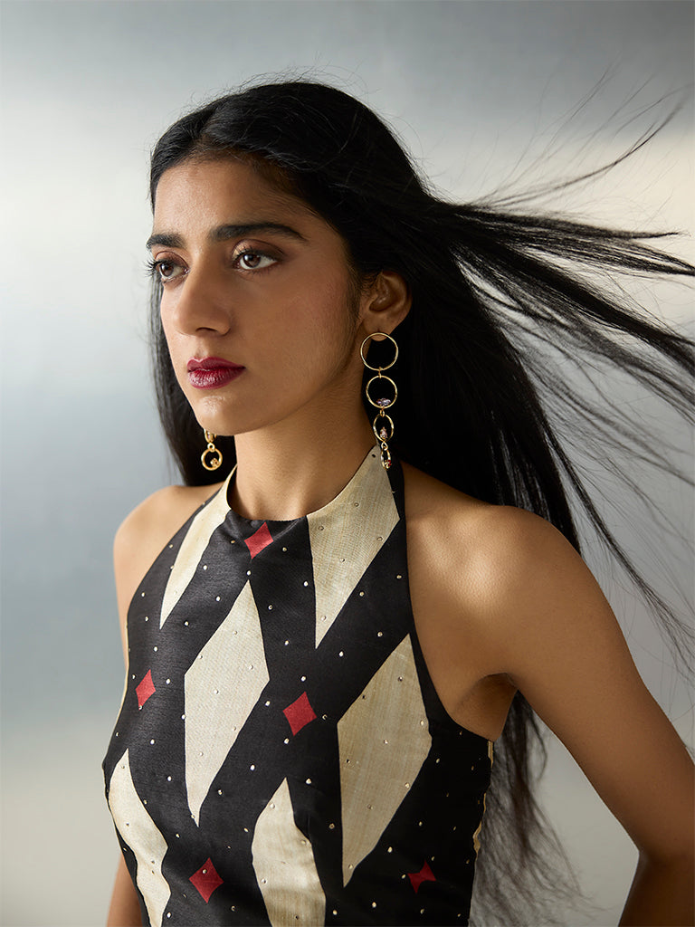 Vark Black Geometric Design Halter Neck Top