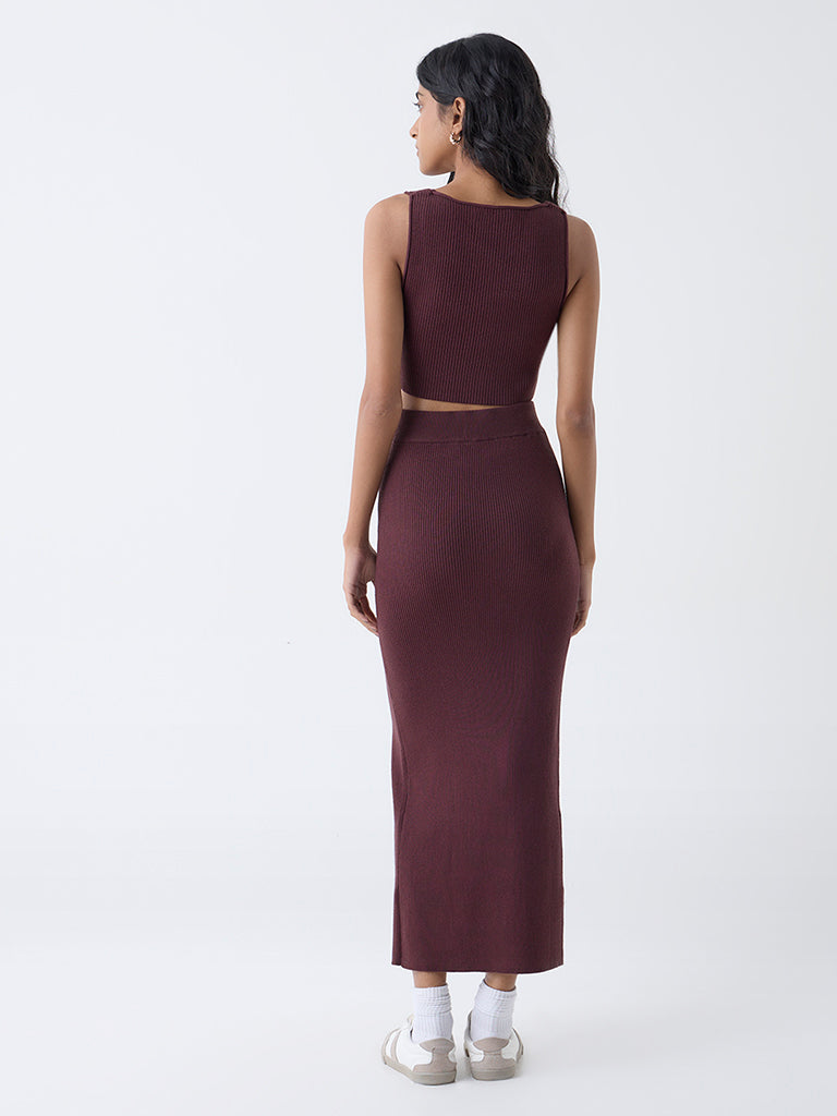 Nuon Dark Brown Ribbed High-Rise Skirt