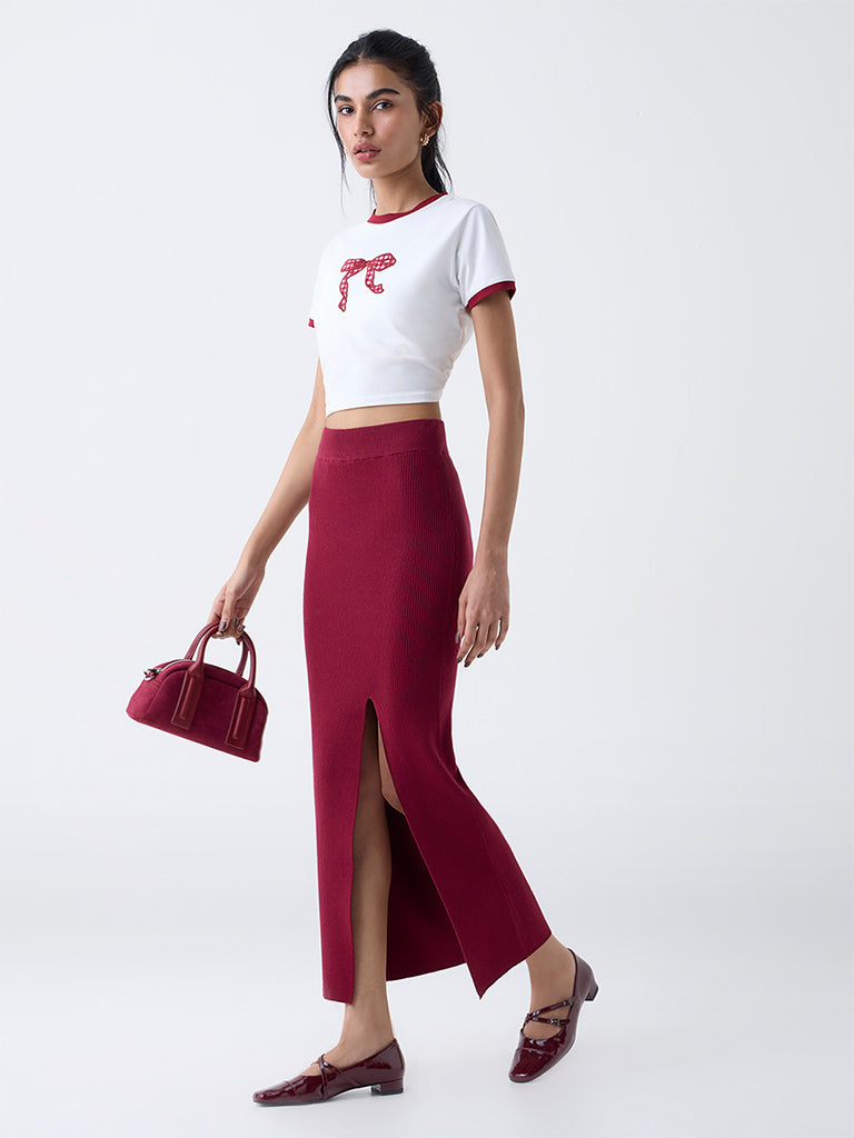 Nuon Maroon Ribbed-Textured High-Rise Cotton Skirt