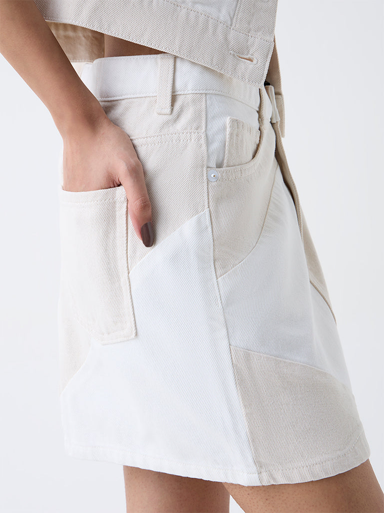 Nuon Off White Colour-Block High-Rise Denim Skirt