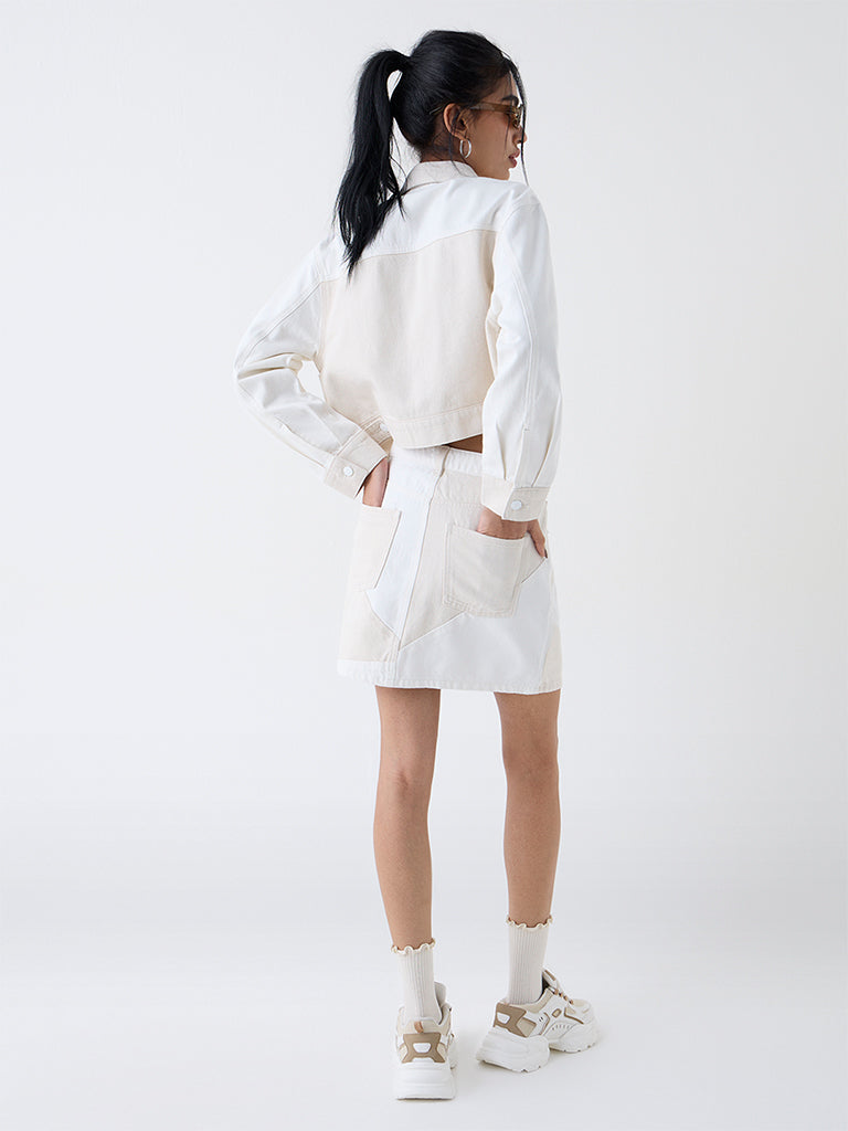 Nuon Off White Colour-Block High-Rise Denim Skirt