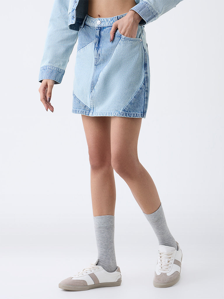 Nuon Blue Colour-Block High-Rise Denim Skirt