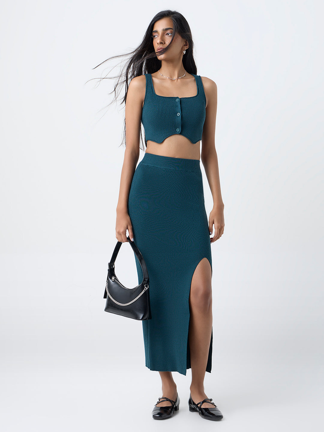 Nuon Teal Ribbed-Textured High-Rise Skirt