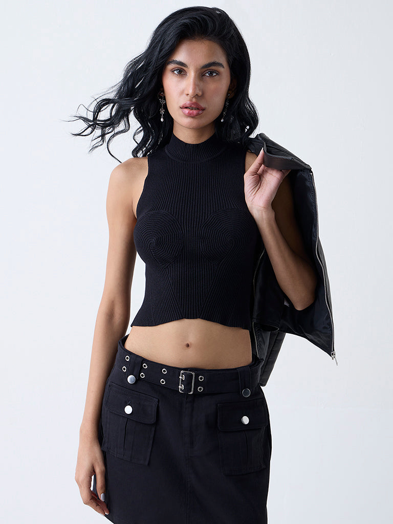 Nuon Black Ribbed-Textured Top