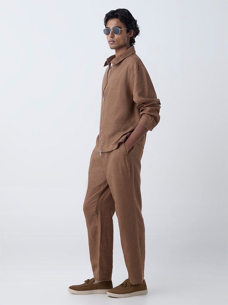 Ascot Khaki Solid Relaxed-Fit Linen Jacket