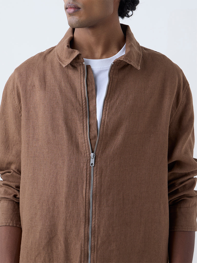Ascot Khaki Solid Relaxed-Fit Linen Jacket