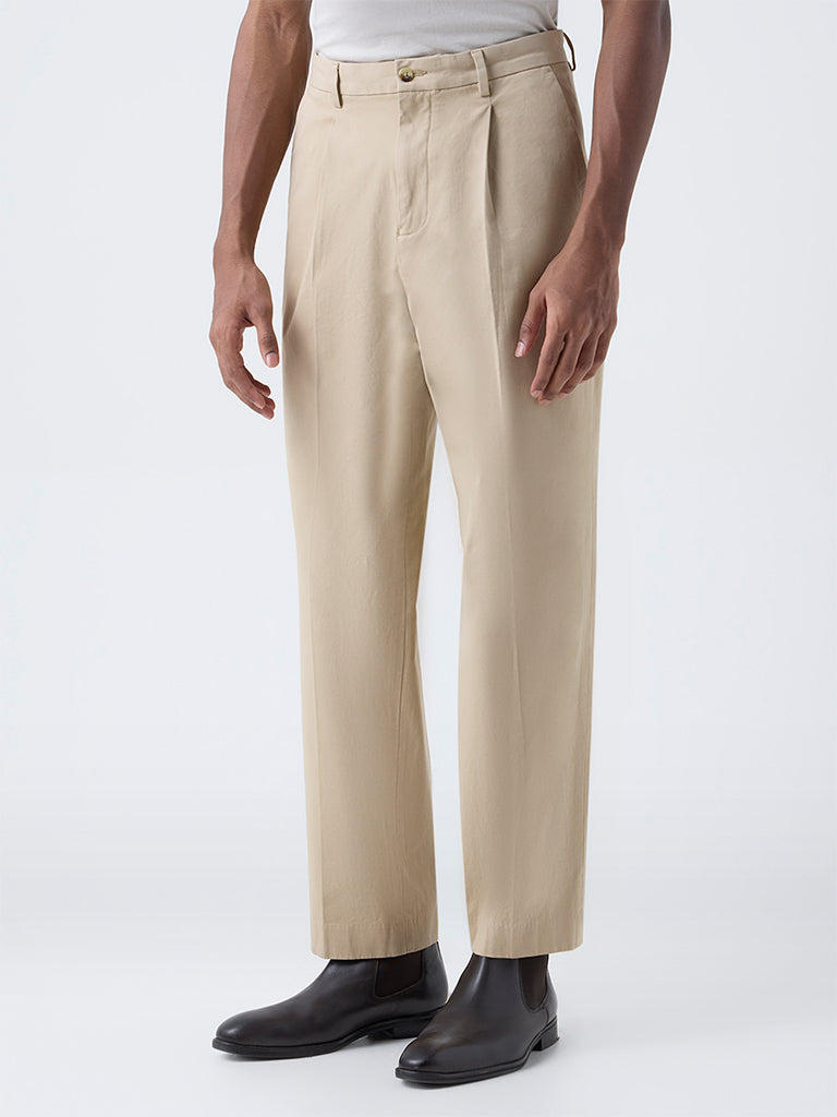 Ascot Beige Mid-Rise Relaxed-Fit Cotton-Blend Trousers