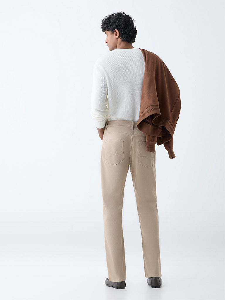Ascot Beige Solid Relaxed-Fit Mid-Rise Jeans