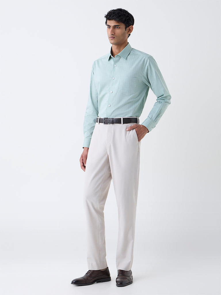WES Formals Sage Self-Striped Relaxed-Fit Cotton Shirt