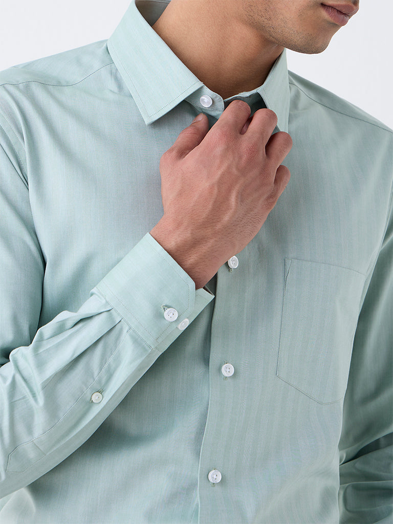 WES Formals Sage Self-Striped Relaxed-Fit Cotton Shirt