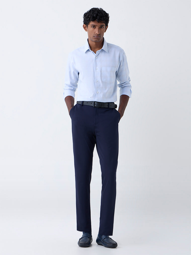 WES Formals Blue Checkered Relaxed-Fit Cotton Shirt