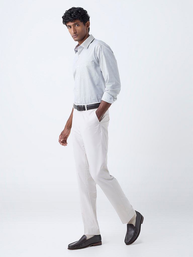 WES Formals Green Striped Relaxed Fit Cotton Shirt